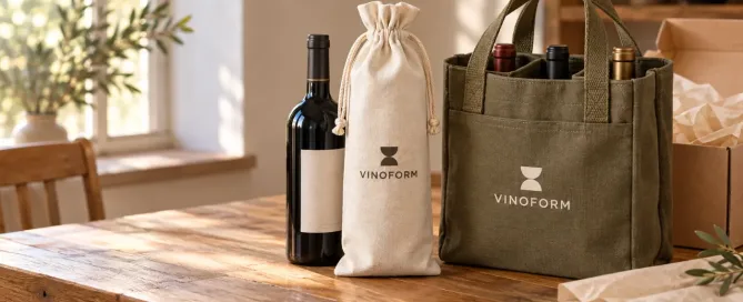 Ivory single-bottle drawstring bag beside a wider multi-bottle carrier bag for gift programs