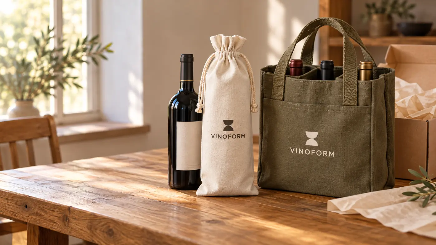 Custom Bottle Bags for Gift Programs Ivory single-bottle drawstring bag beside a wider multi-bottle carrier bag for gift programs