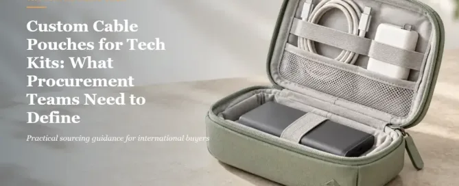 Concept visual of a pale-sage soft zip cable pouch with a USB-C cable and compact charger partially visible.