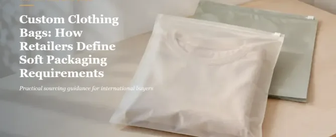 Warm ivory clothing pouch holding a folded neutral T-shirt beside a second flat apparel bag.