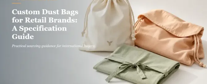 Concept visual of three unbranded retail dust bags with drawstring, tie and flap closure directions.