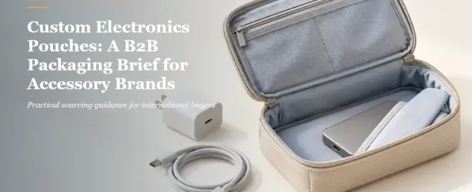 Concept visual of an open electronics pouch with a compact charger, USB-C cable and portable SSD.