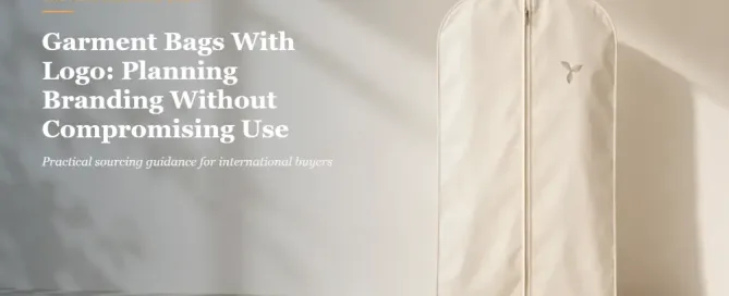 Light ivory garment bag showing a small abstract emblem, hanger opening and full-length zipper.