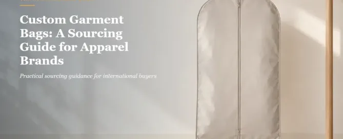 Light warm-grey garment bag hanging on a wooden hanger in a bright apparel showroom.