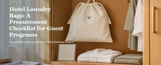 Soft cotton laundry bag hanging in a bright hotel room beside a linen bench