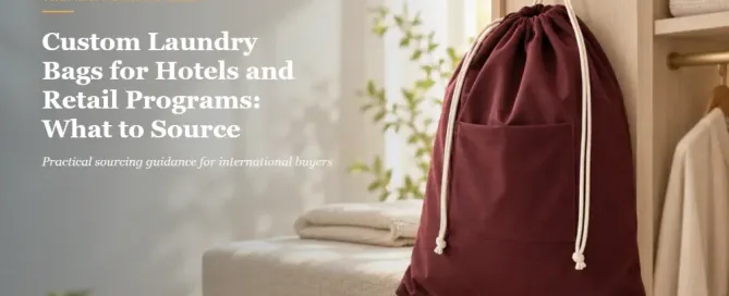 Soft cotton laundry bag hanging in a bright hotel room beside a linen bench