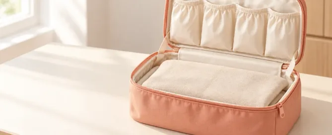Structured ivory fabric lingerie travel pouch partly open on a warm retail table