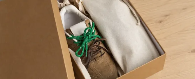 Warm shoe dust bag presentation showing single-shoe and pair-shoe formats in a bright footwear retail setting.