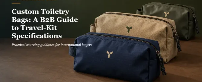 Navy and sand toiletry bag samples with abstract logo marks for branded travel kits