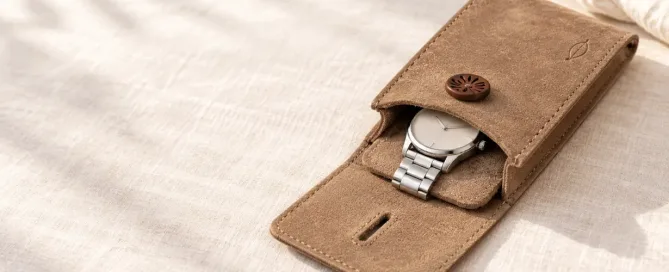 Concept visual of a warm-taupe single-watch pouch with a fold-over flap and an unbranded watch inside.