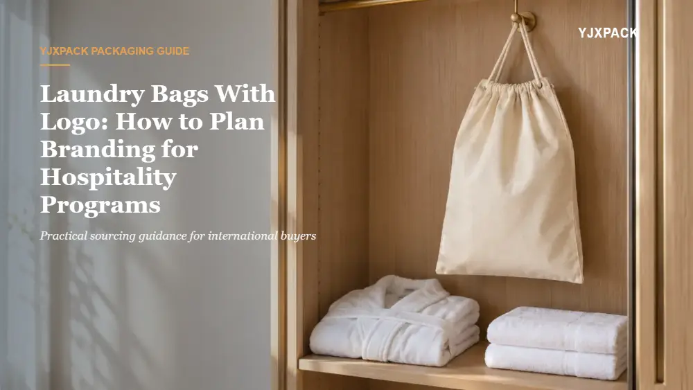 Laundry Bags with Logo for Hospitality Natural cotton hotel laundry bag hanging in a guest wardrobe beside a robe and folded towels