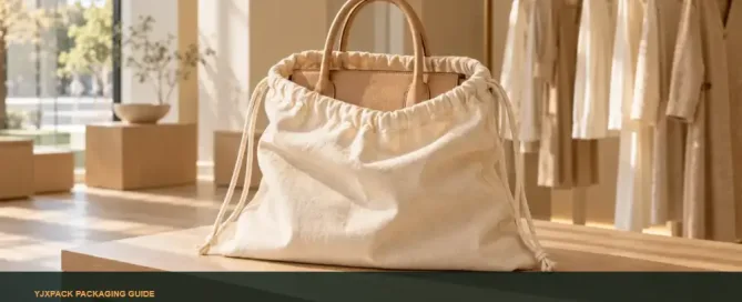 Warm ivory cotton dust bag partially covering an unbranded leather handbag in a premium retail setting.