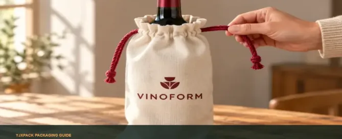 Ivory custom wine bottle bag with a centered logo holding a wine bottle