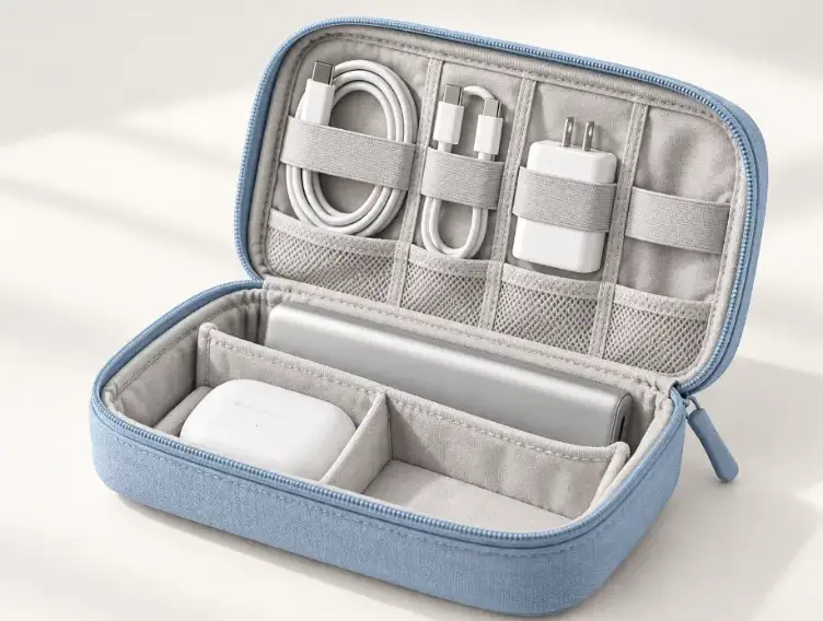 Cable Pouch Capacity and Accessory Fit Concept Empty open cable pouch beside a USB-C cable, compact charger, adapter and slim power bank.