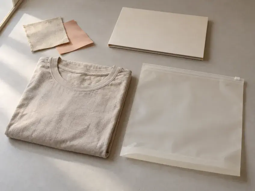 Clothing Bag Supplier Comparison Preparation Folded T-shirt, zippered clothing pouch, material swatches and a blank sample folder on a review table.