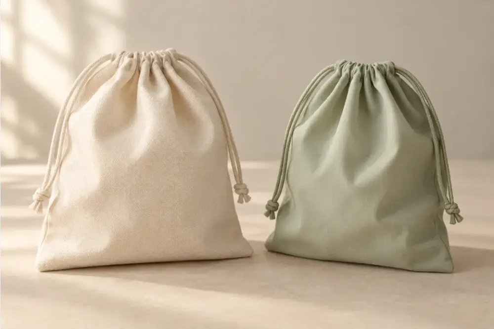 Dust Bag Material Weight and Opacity Concept Two complete drawstring dust bags showing opaque canvas-style and lighter smooth textile directions.