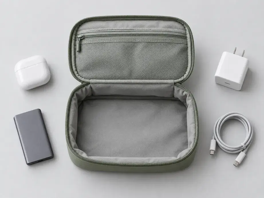 Electronics Pouch Product-Fit Criteria Concept Empty soft electronics pouch beside a charger, earbuds case, portable SSD and coiled USB-C cable.