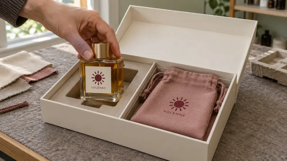 Fragrance Bottle, Insert and Pouch Fit Review Amber fragrance bottle in a fibre insert beside a folded branded drawstring pouch in a rigid gift box