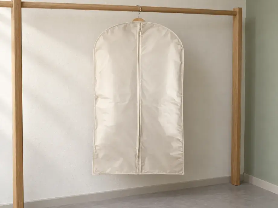 Garment Bag Display and Retail Use Case Pale-ivory garment bag hanging beside a clothing rack with a neutral blazer inside.
