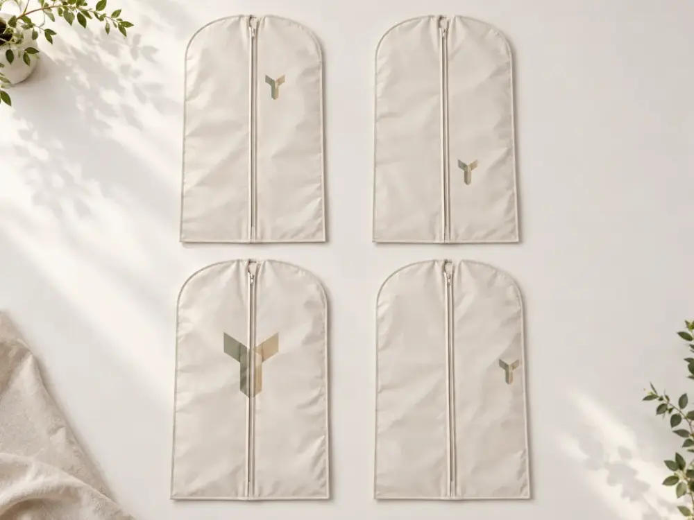 Garment Bag Logo Placement Visibility Four ivory garment bags showing different non-text logo positions on the front and side panels.