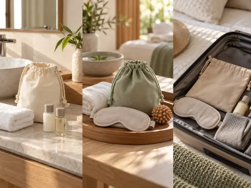 Hospitality Amenity Bag Use Cases Cream, sage and sand fabric amenity pouches used for hotel, spa and travel welcome kits