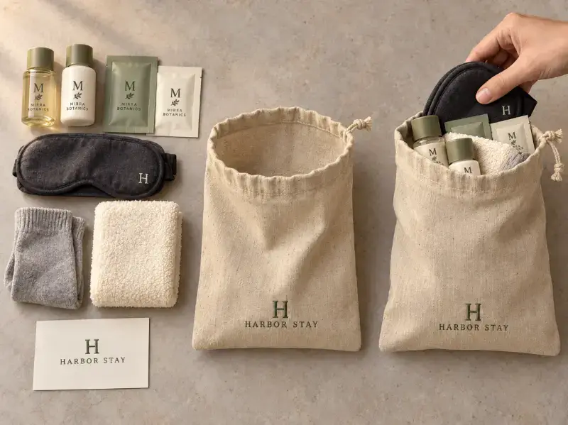 Hospitality Use Cases for Custom Amenity Bags Fabric amenity pouches shown in hotel, spa and corporate travel kit settings