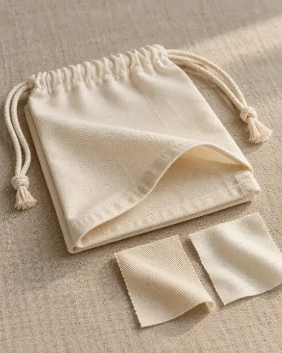 Luxury Dust Bag Material and Hand-Feel Comparison Folded ivory cotton dust bag with plain-weave, cotton twill and cotton sateen material references.