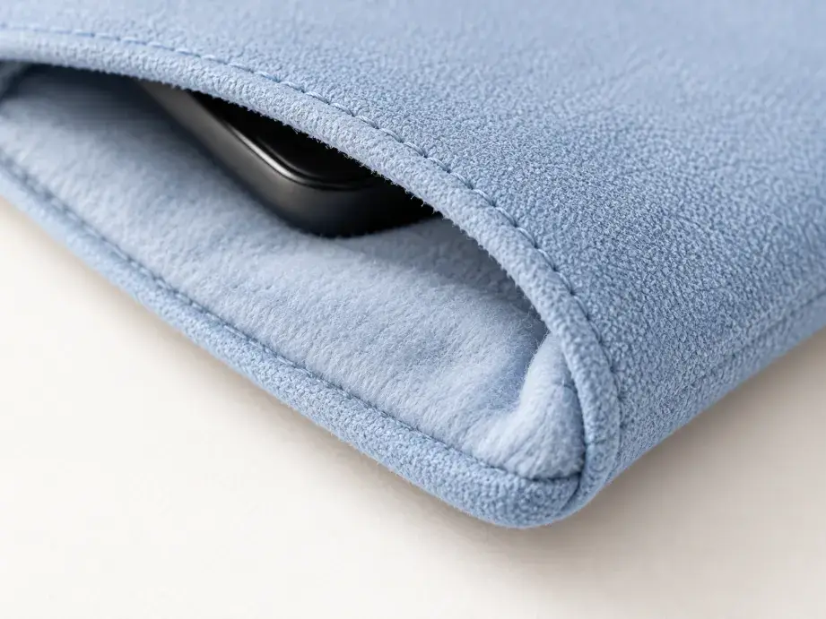 Phone Pouch Interior Material Concept Macro view of soft pouch lining, padded seam detail and a generic smartphone edge.