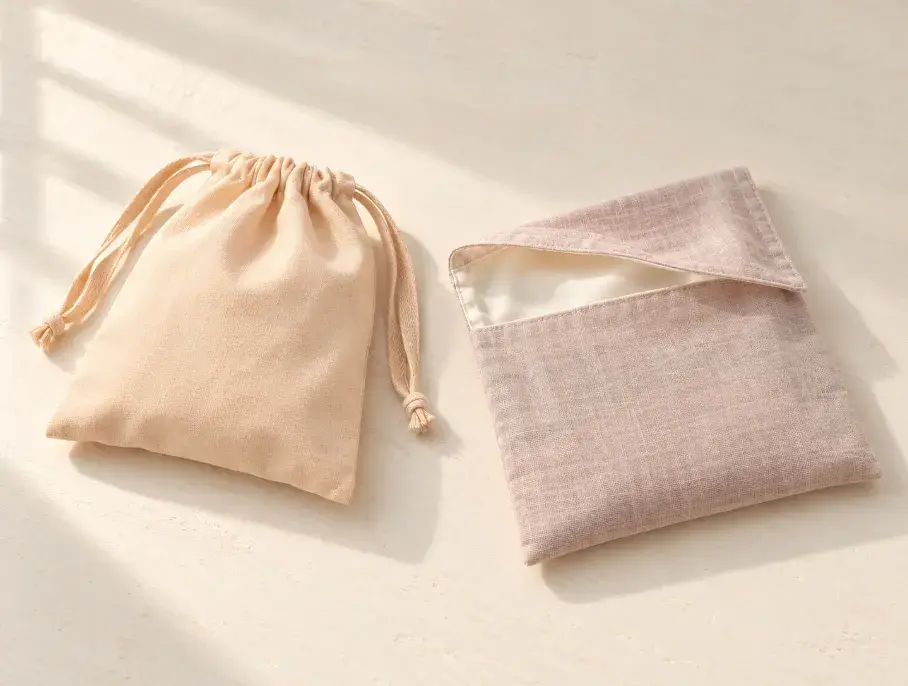 Privacy and Opacity Options for Lingerie Pouches Opaque drawstring lingerie gift bag beside a lined translucent fabric pouch