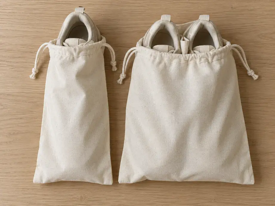 Single-Shoe vs Pair-Shoe Dust Bags Overhead comparison of a single-shoe dust bag and a wider pair-shoe bag with separate shoe spaces.