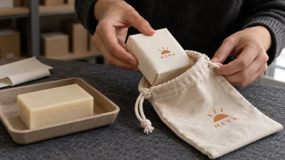 Soap Inner Wrap and Pouch Sample Review A paper-wrapped bar soap being placed into a cotton drawstring pouch beside an unwrapped bar on a sample tray