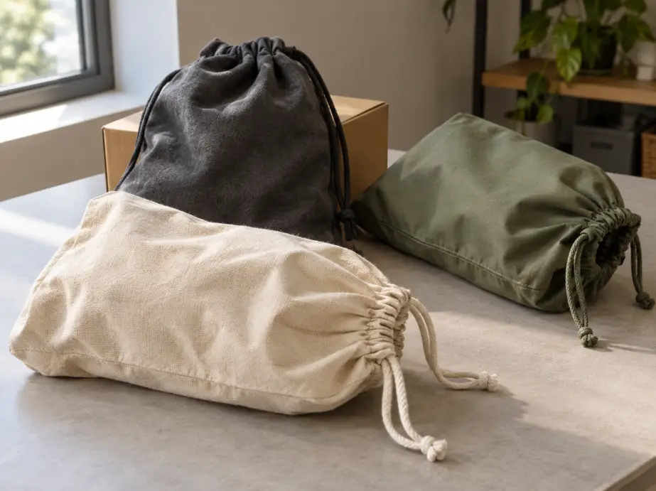 Travel Shoe Bag Material Samples Canvas, microfiber and coated travel shoe bag samples on a neutral worktable
