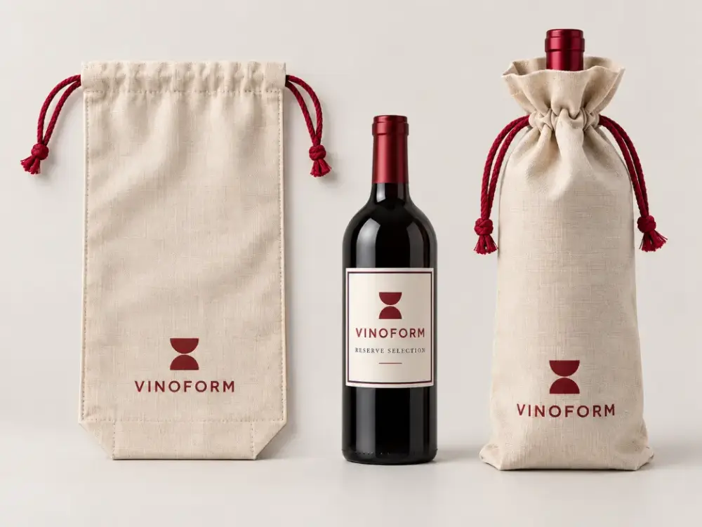 Wine Bottle Bag Fit and Logo Orientation Comparison Flat and gathered ivory wine bottle bags shown beside a labeled wine bottle for fit and logo placement comparison