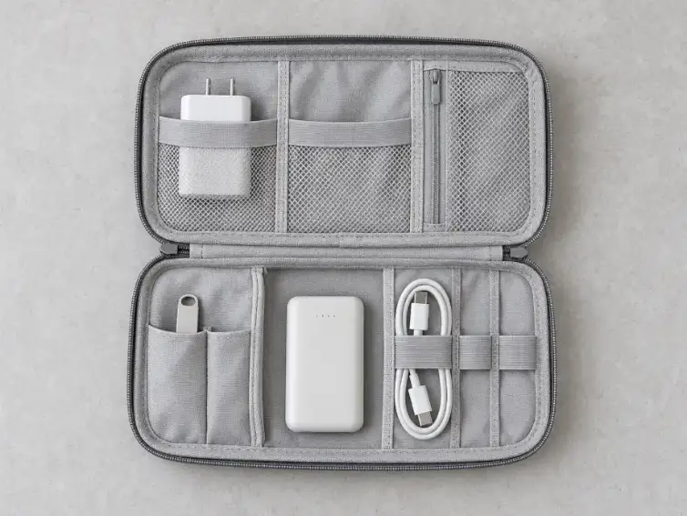 Cable Pouch Compartment Planning Concept Open clamshell cable pouch with elastic loops, mesh pocket, divided sections and selected tech accessories.