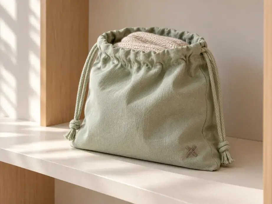 Cotton Dust Bag for Retail Knitwear Storage Dusty-sage cotton drawstring pouch holding a folded neutral knit scarf on a boutique shelf.