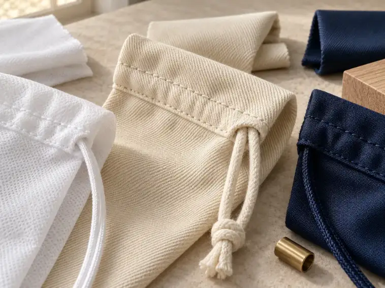 Custom Laundry Bag Requirements for Contents and Handling Cotton laundry bag with gathered opening, front pocket and neutral folded textile contents