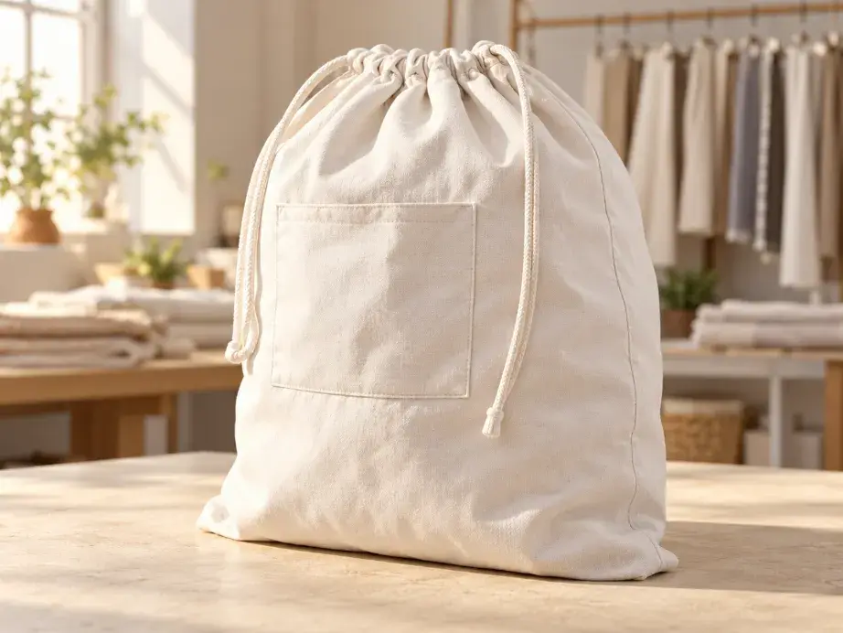 Custom Laundry Bag Requirements for Contents and Handling Cotton laundry bag with gathered opening, front pocket and neutral folded textile contents
