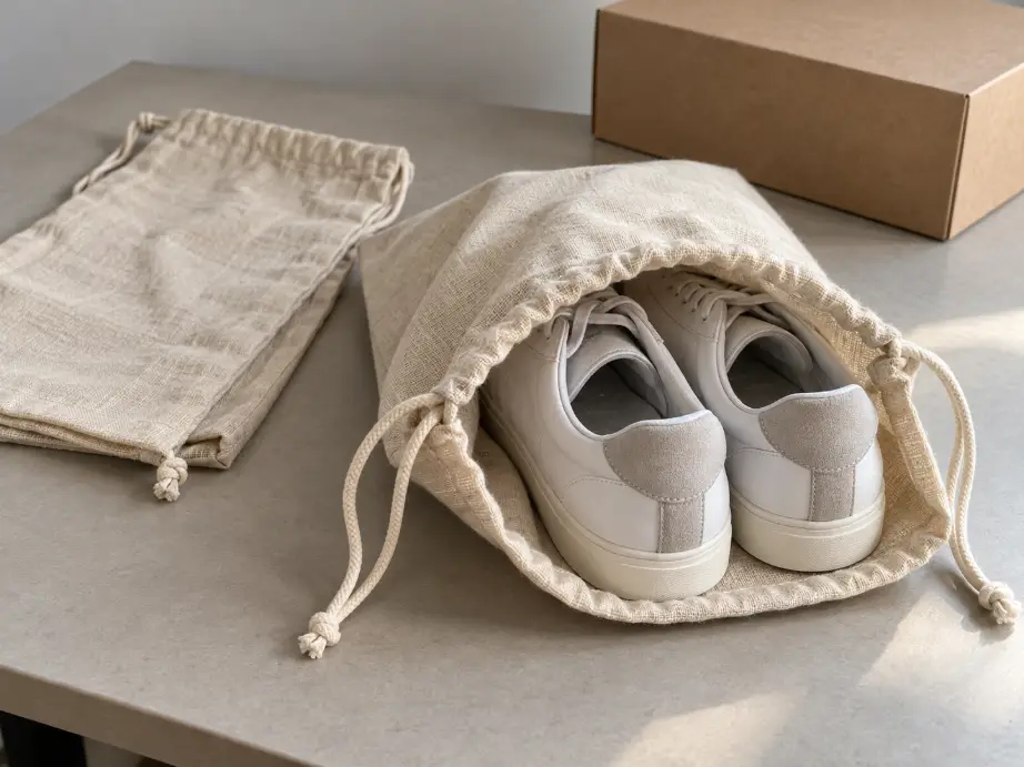 Drawstring Shoe Bag Capacity and Closure Open drawstring shoe bag holding low-top sneakers on a sample-room table