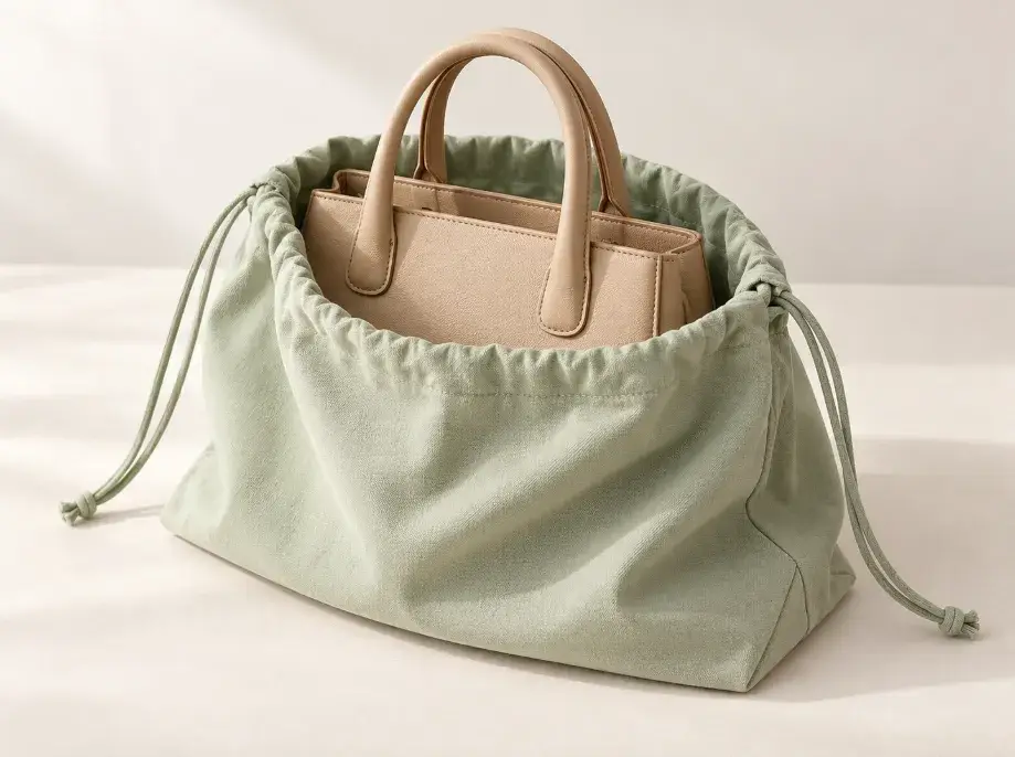 Dust Bag Size and Gusset Fit Concept A pale-sage gusseted dust bag opened around an unbranded light-tan structured handbag.