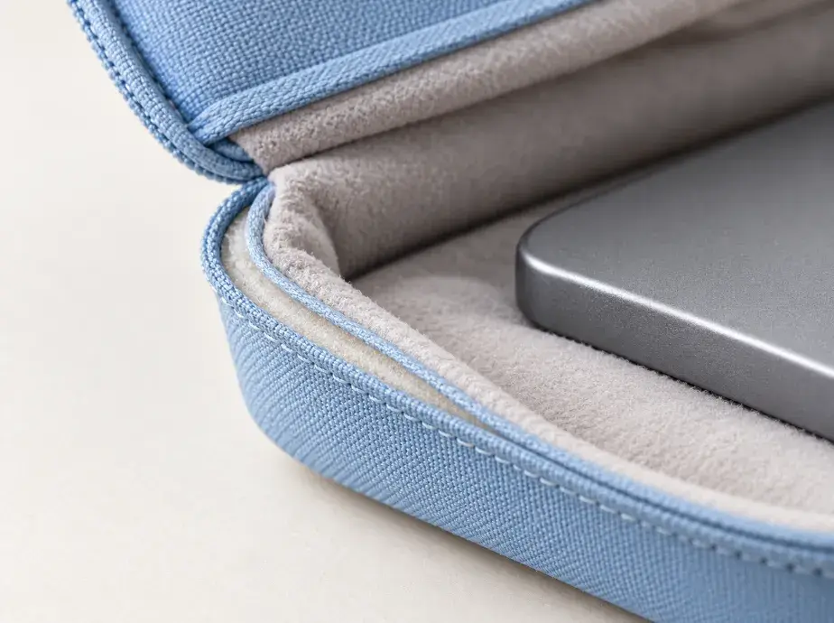 Electronics Pouch Material and Lining Concept Macro view of pouch exterior textile, soft lining, thin cushion layer and portable SSD corner.
