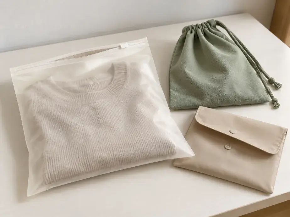 Folded Clothing Bag Materials and Closures Ivory zipper pouch, sage drawstring pouch and sand snap-closure pouch for folded apparel.