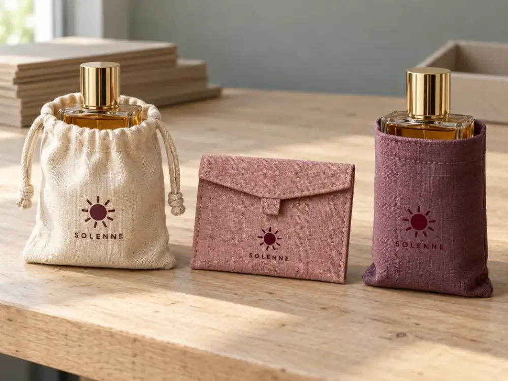 Fragrance Pouch Formats for Gift Sets Drawstring pouch, flat envelope pouch and fitted bottle sleeve shown as three fragrance packaging formats