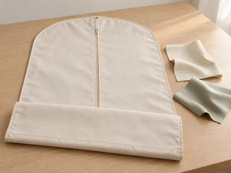 Garment Bag Material and Construction Comparison Warm light-grey garment bag shown with cotton canvas and smooth synthetic-fibre material references.