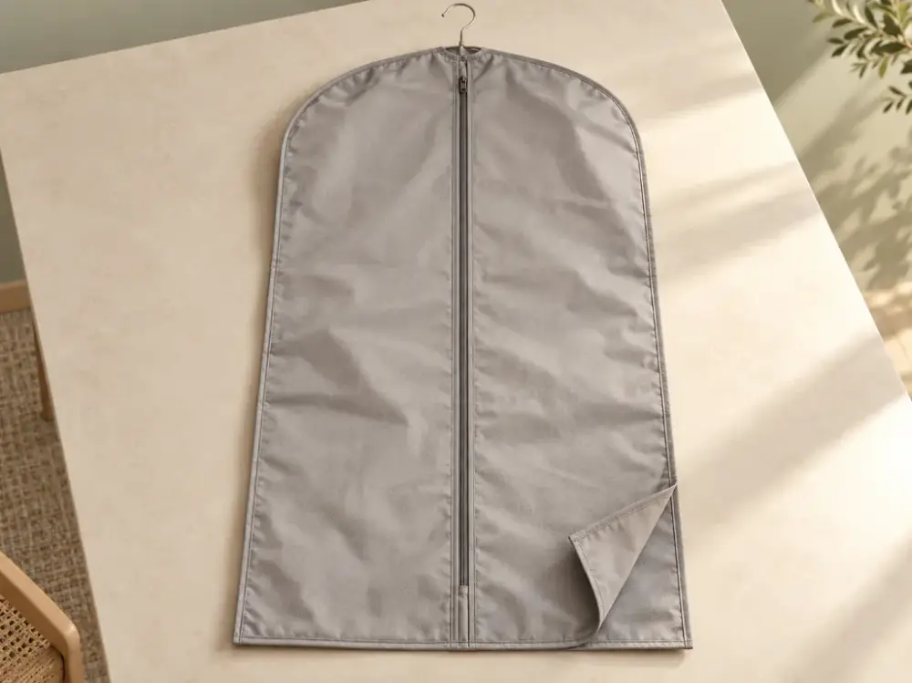 Garment Bag Material and Construction Detail Warm light-grey garment bag showing fabric surface, folded corner, hanger opening and zipper edge.