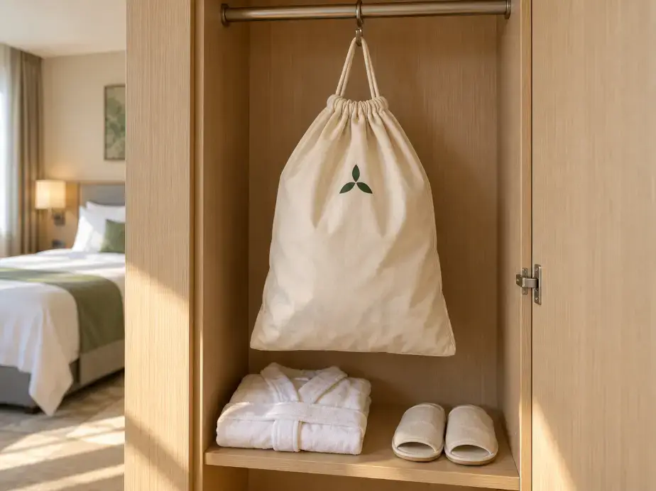 Hotel Laundry Bag Logo Placement Cotton hotel laundry bag with a small logo positioned below the drawstring channel in a guest wardrobe