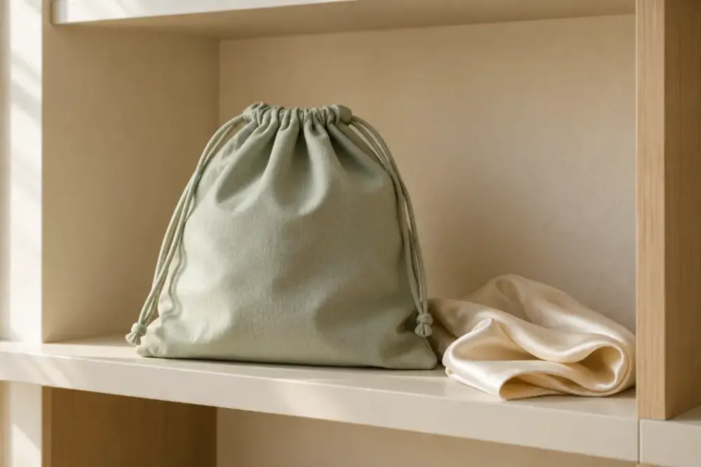 Luxury Dust Bag Protection and Retail Presentation Soft-sage cotton dust bag resting on a wardrobe shelf beside a folded neutral silk scarf.