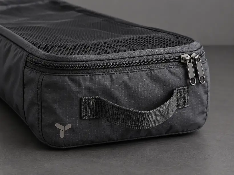 Packing Cube Zipper, Handle and Seam Detail Charcoal packing cube with double zipper sliders, webbing grab loop and reinforced seam construction