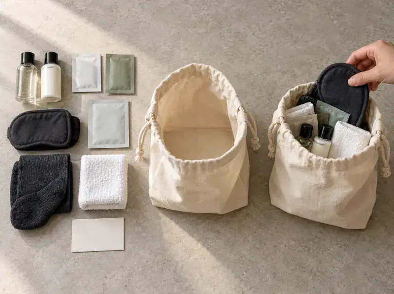 Plan Amenity Bag Capacity Around Kit Contents Toiletry bottles, sachets, sleep mask, socks and towel shown beside an open and filled cotton amenity pouch