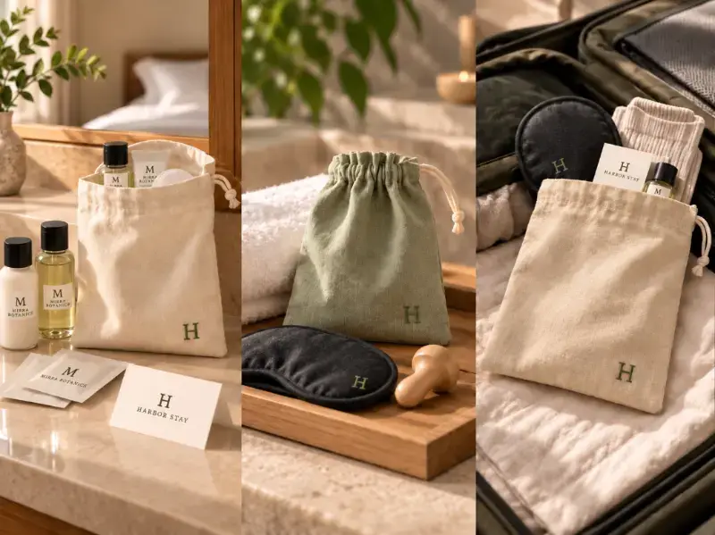 Planning Contents for a Custom Amenity Bag Empty, partially filled and fully filled fabric pouches reviewed with toiletries, socks, a sleep mask and a towel