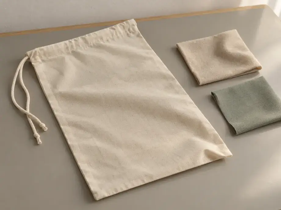 Shoe Dust Bag Material and Surface Comparison Cotton shoe dust bag shown with brushed cotton and fine synthetic-fibre material references.
